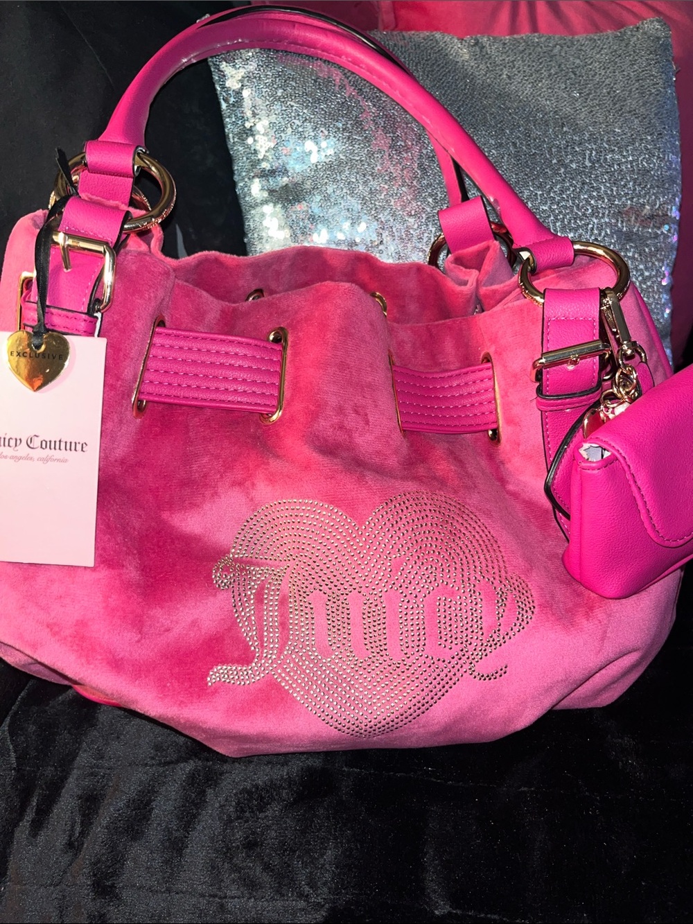 Juicy Couture Hot Pink Suede Hobo with Rhinestone Logo